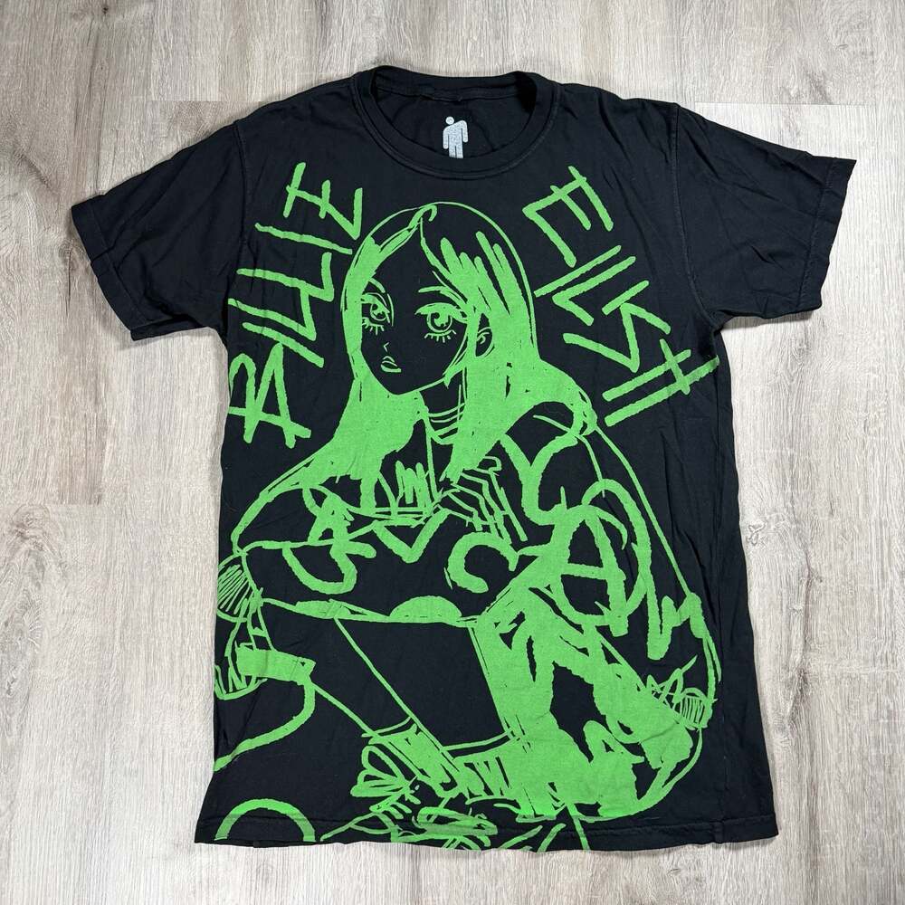 Billie Eilish Black and Green AOP Anime Style T-Shirt Medium Skater
